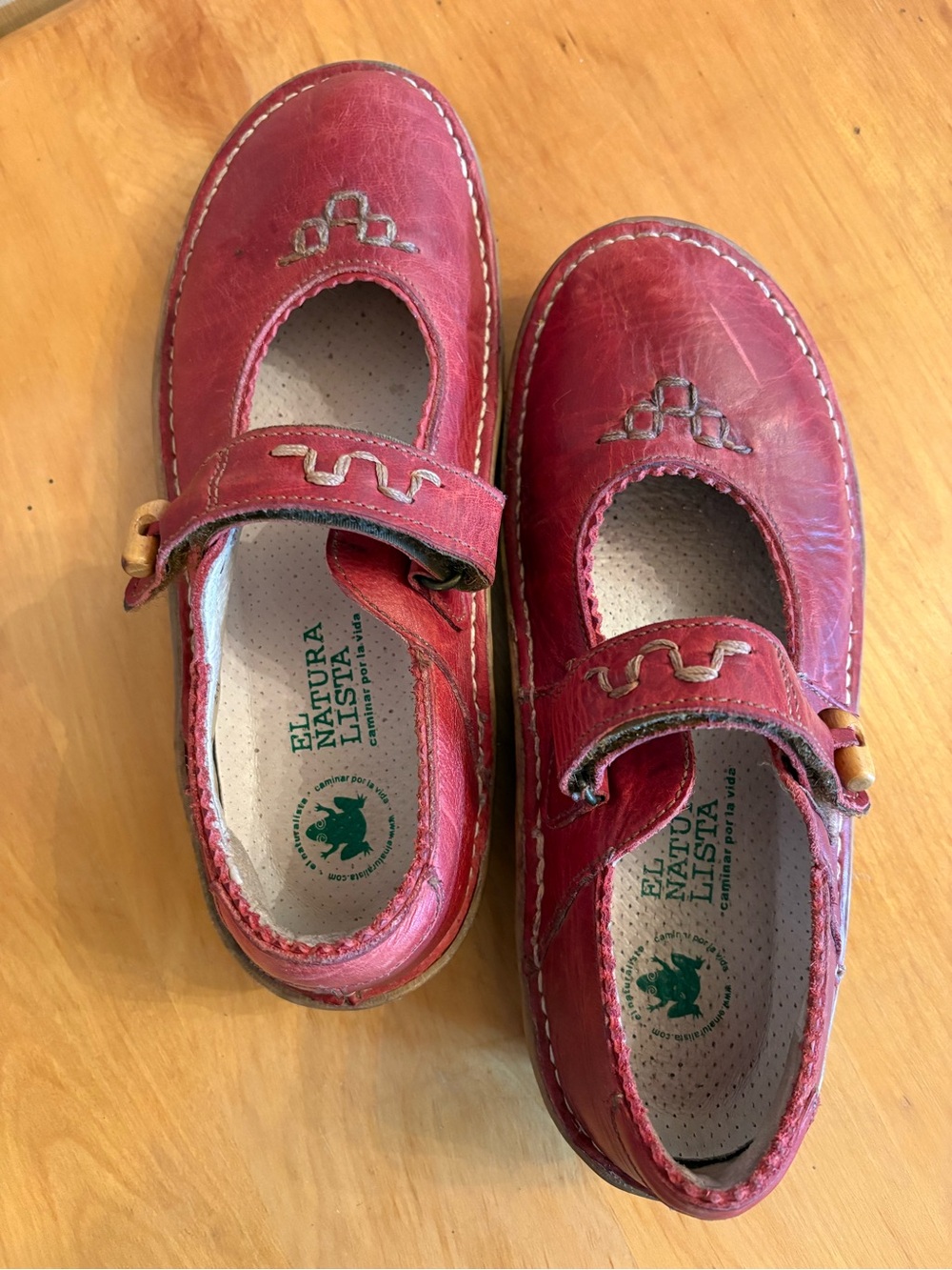 El Naturalist Red Leather Mary Jane Shoes with Embroidered Accent Size 38